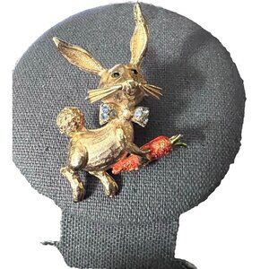 Vintage MYLU Rabbit Brooch Pave Rhinestone Gold Plated Easter Rabbit Carrot